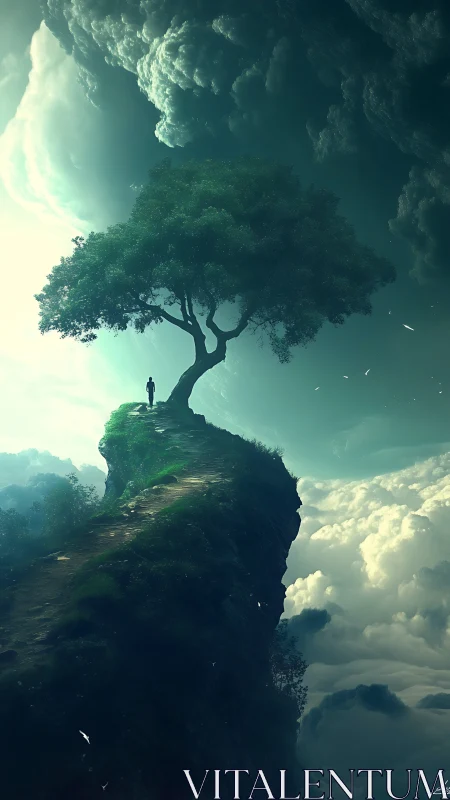 Solitary figure stands beneath a lone tree above cloud seas