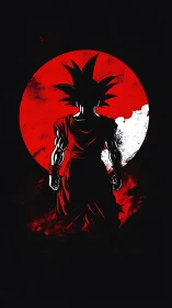 Scarlet warrior silhouette before a fractured lunar sun.
