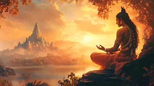 Meditative sage overlooking golden temple valley at sunrise.