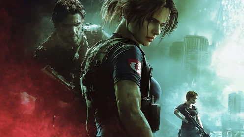 Triadic survivor portrait layers dynamic toxic-urban lighting