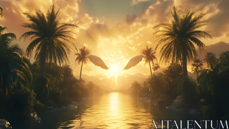Angelic Wings Frame Golden Sunset Over Tropical Paradise.