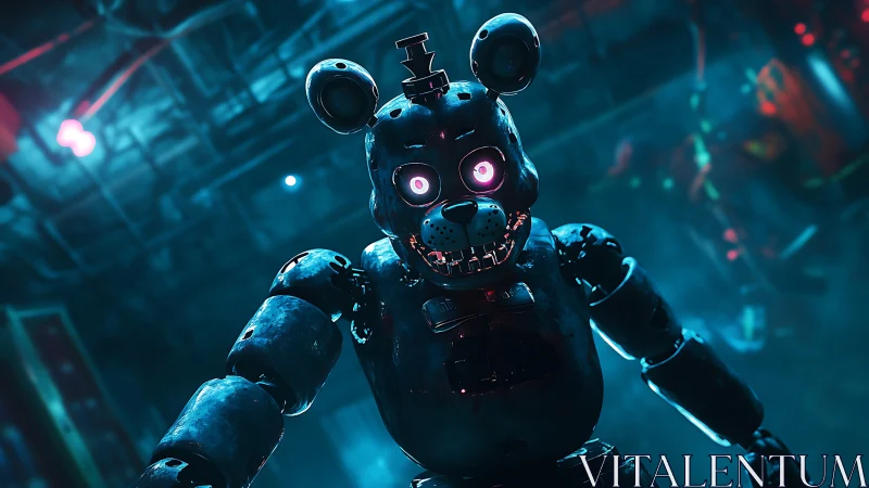 Neon-eyed animatronic bear stalks a glitchy midnight workshop.