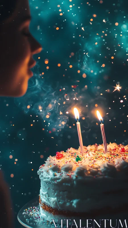 Birthday cake with candles and bokeh particles in teal and orange setting