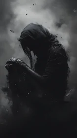 Hooded silhouette sinks into swirling monochrome shadow.