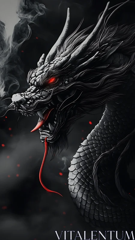 Monochrome serpentine dragon with red eyes and tongue.
