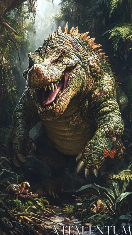 Titanic jungle reptile stalks dense rainforest path.