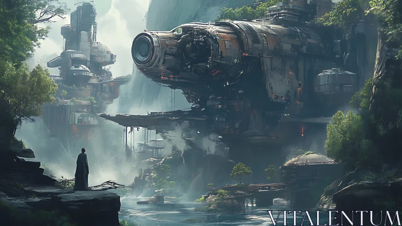 Massive starship hovers above lush canyon settlement.