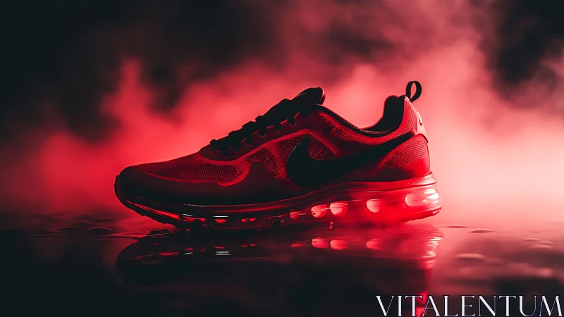Red Nike running shoe in bold misty studio lighting.