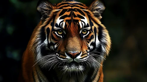 Tiger portrait with sharp focus and dark blurred background.