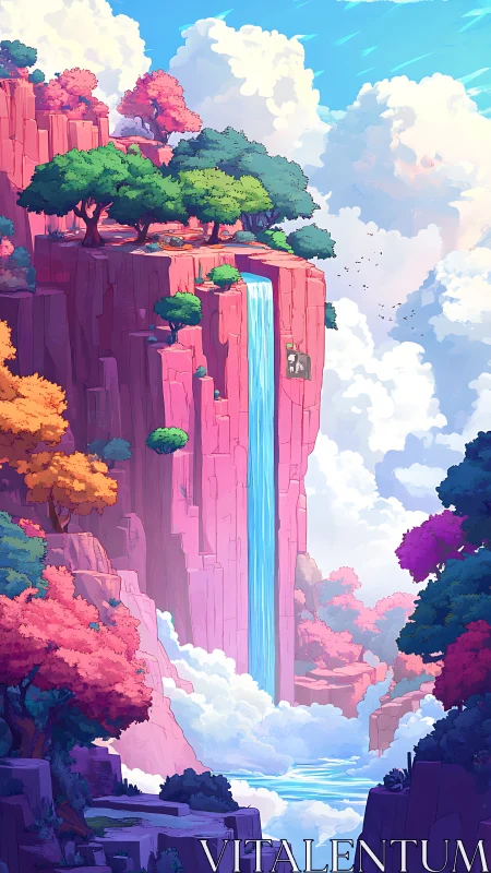 Vertical canyon waterfall cuts through neon pastel cliffs.