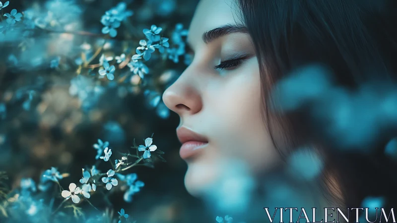 Dreamy Portrait of Woman Among Blue Blossoms, Soft Focus Style.