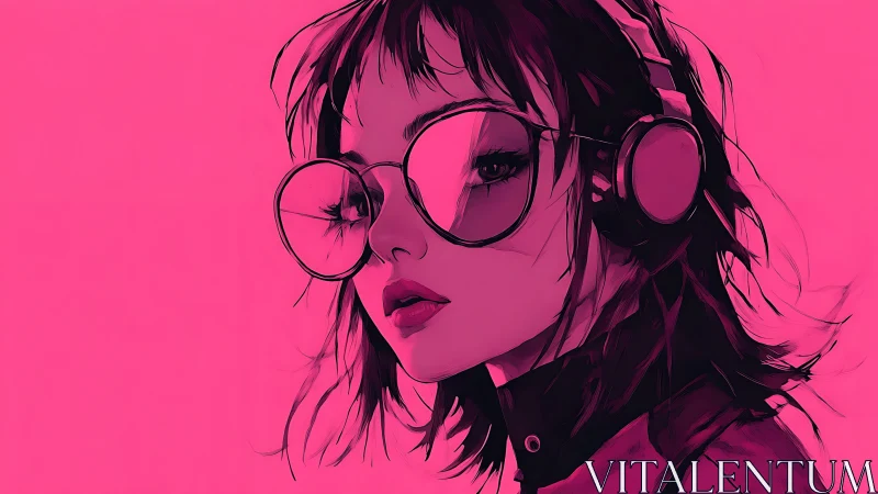 Female figure with headphones and glasses on pink field.