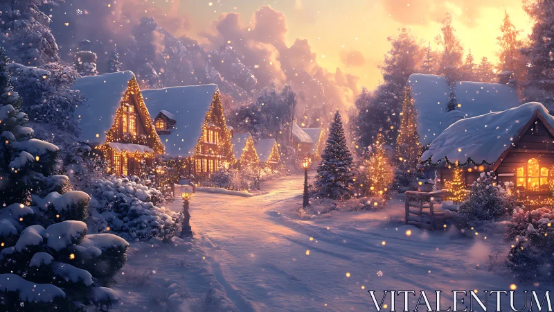 Snowy village street with warmly lit winter cabins.
