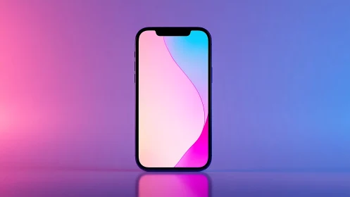Smartphone with curved gradient wallpaper against luminous pink-blue backdrop