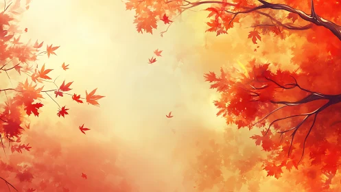 Autumn maple canopy with drifting leaves and diffuse backlight