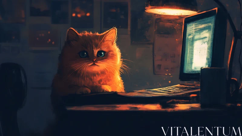 Orange Cat at Night Computer Desk Work