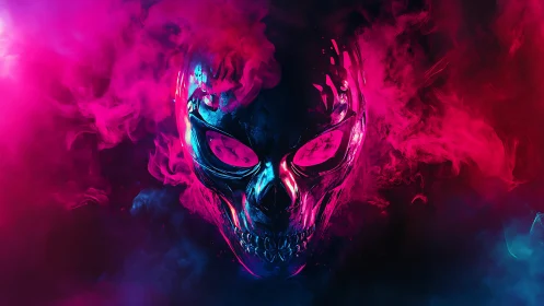 Glowing metallic skull silhouette emerges through neon smoke