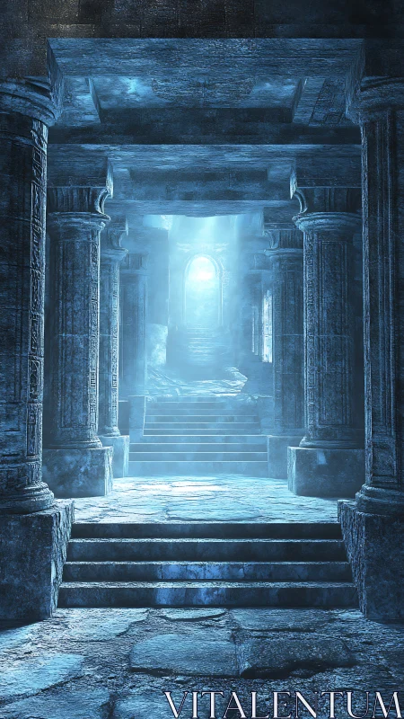 Ancient stone hall opens toward glowing distant doorway