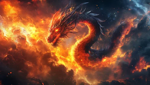 Fiery serpentine dragon emerges through dense burning clouds