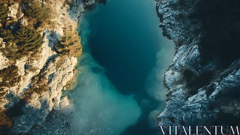 Aerial limestone gorge with teal water and textured cliff faces