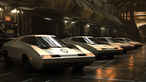 Row of retro-futuristic coupes in dim industrial garage.