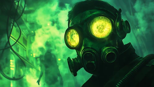 Toxic midnight wanderer peers through neon fog and ruin