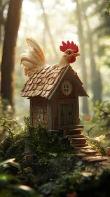 Rooster Perches Upon Whimsical Forest Cottage with Copper Roof
