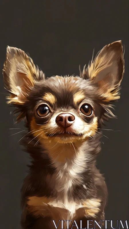 Digital painting portrait of alert long-haired chihuahua profile.