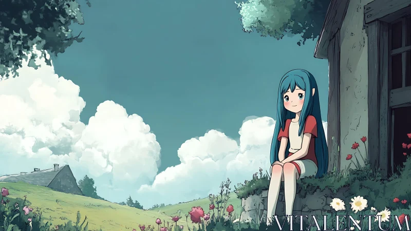 Girl seated by rustic house in bright rural landscape.