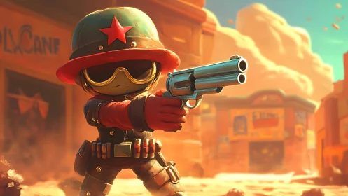 Cartoon soldier in desert town aiming large revolver.