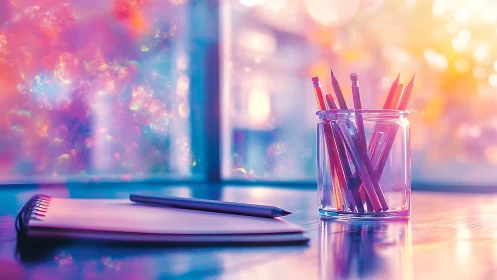 Colored pencils in glass jar on desk with notebook open.
