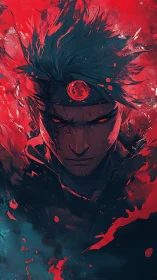 Male figure with headband in red and teal abstract field.