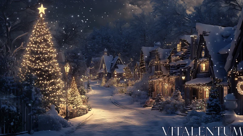 Cozy winter village street glowing with gentle holiday lights.