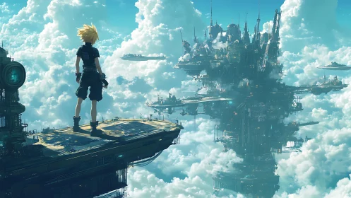 Skybound wanderer surveying a towering cloud city citadel.