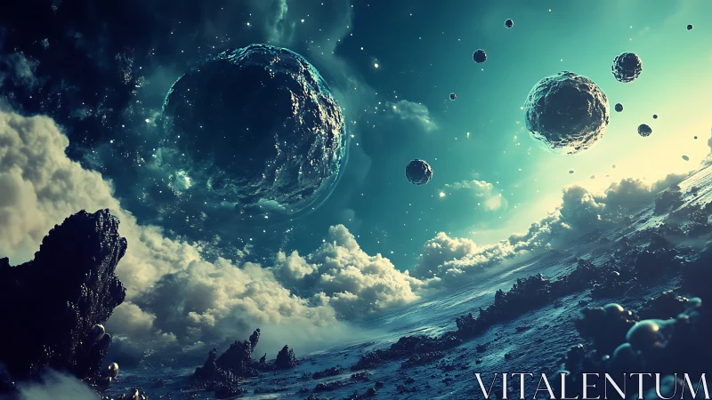Volumetric-lit alien seascape with clustered floating asteroid spheres