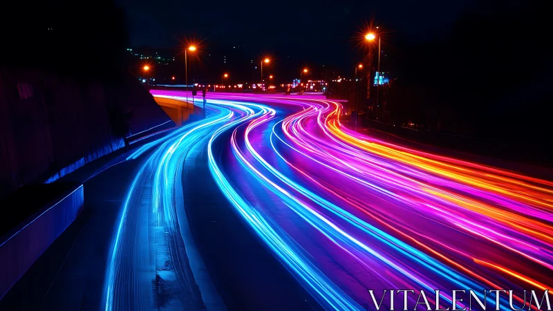 Long-exposure light trails on multilane urban roadway at night.