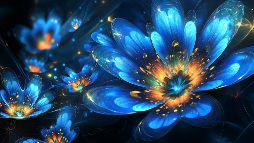 Fractal blue blossoms radiate luminous particle-filled cores in space