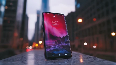 Modern smartphone on city street at dusk with bokeh lights.