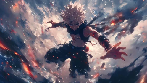 Explosive anime warrior dives through storm of embers.