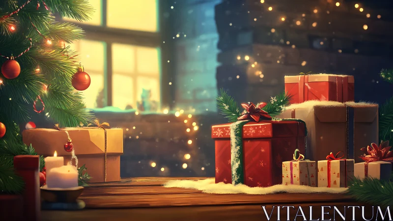 Gift-laden hearth glows in warm winter starlight hush.