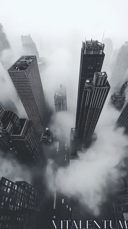 Fog-covered skyscrapers in dense monochrome cityscape.