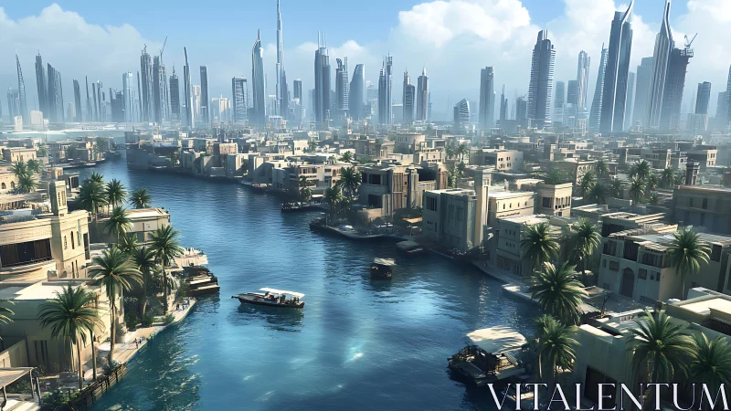 Dense canal district extends toward high-rise urban skyline