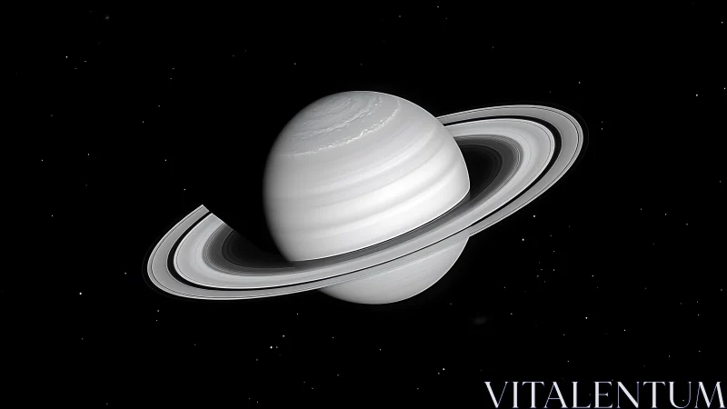 Monochrome depiction of Saturn with ring system in space.