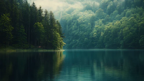 Forested Lake with Coniferous Trees and Water Reflection.