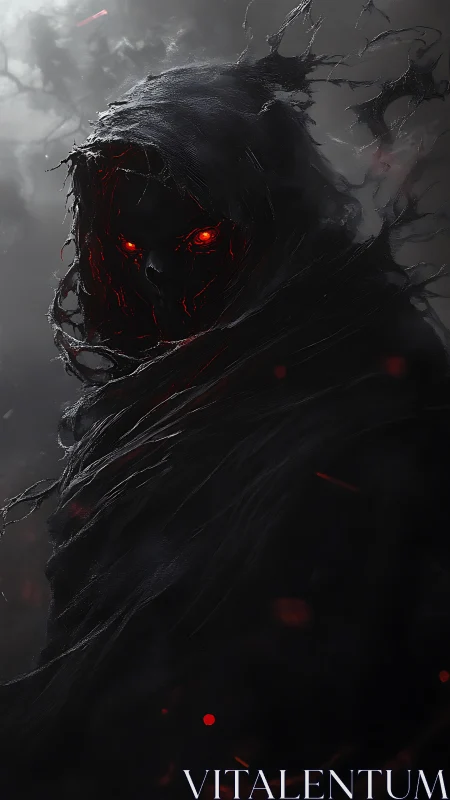 Hooded wraith with ember-lit skull face rendered in high-contrast chiaroscuro