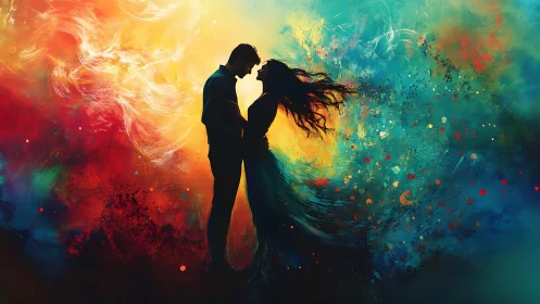 Silhouetted couple shares an intimate kiss amid vibrant, colorful energy.