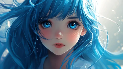 Blue haired anime girl portrait with detailed lighting effects.