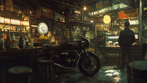Motorcycle is parked inside a dimly lit bar interior