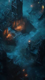 Moonlit graveyard corridor aglow with haunted embered doorways.