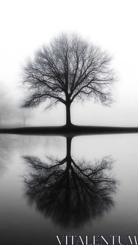 Solitary winter tree mirrored in tranquil foggy lake.